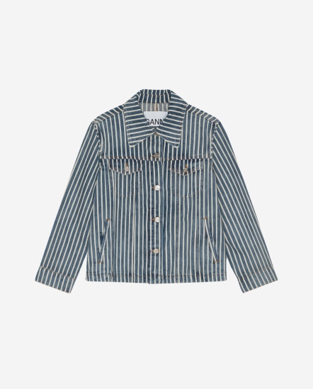 米白條紋牛仔外套