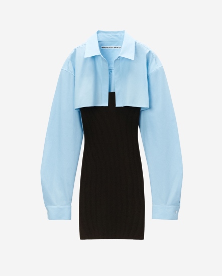 內拼背心洋裝短版藍色襯衫洋