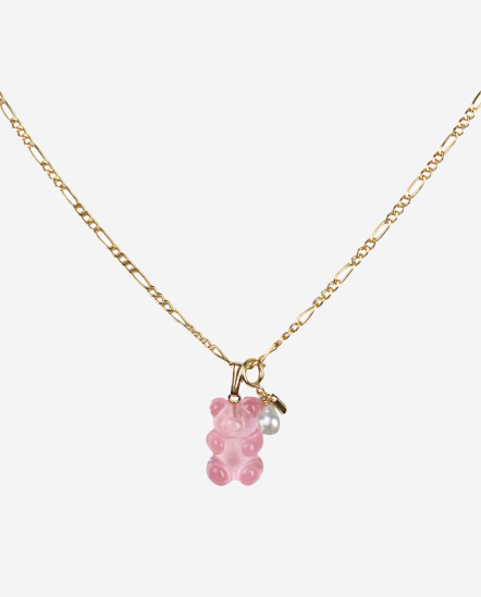 Chain & Gummy小熊單顆珍珠項鍊/粉紅