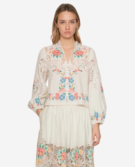 V領蕾絲紅藍花上衣