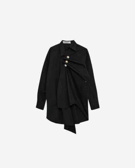 珍珠扣不對稱襯衫/黑色