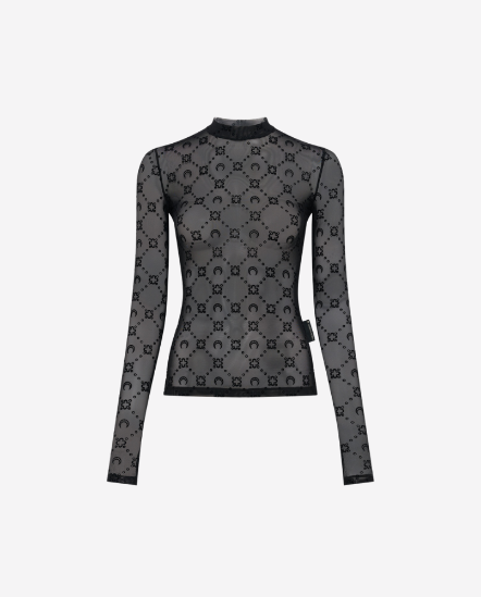 微立領菱格紋月亮透膚衣/黑色