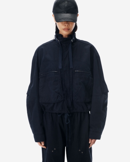 扣帶領口袋工裝外套/黑灰