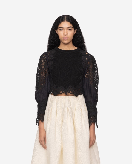 拼接花蕾絲針織衣/黑色