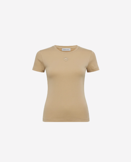 前撞色月亮刺繡短袖T/腰身/卡其