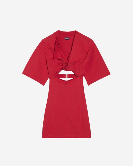 扭結開襟領鏤空身短洋裝/紅色