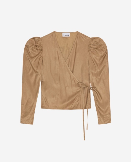 V領側繫帶抓皺袖上衣