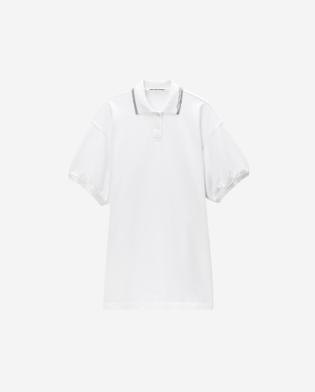 Logo織帶領Polo短袖洋裝/白色