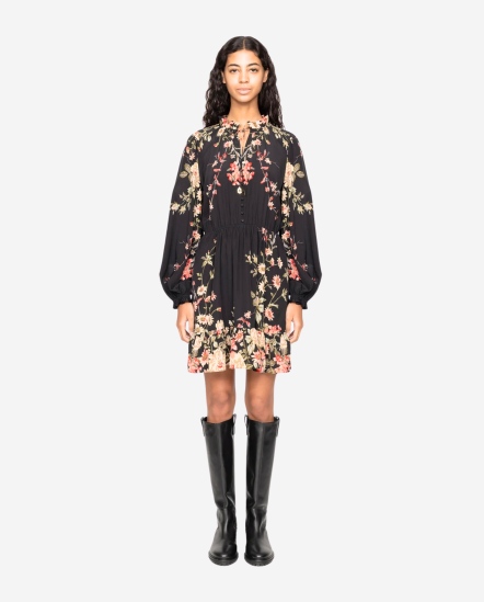 花紋收腰長袖洋裝