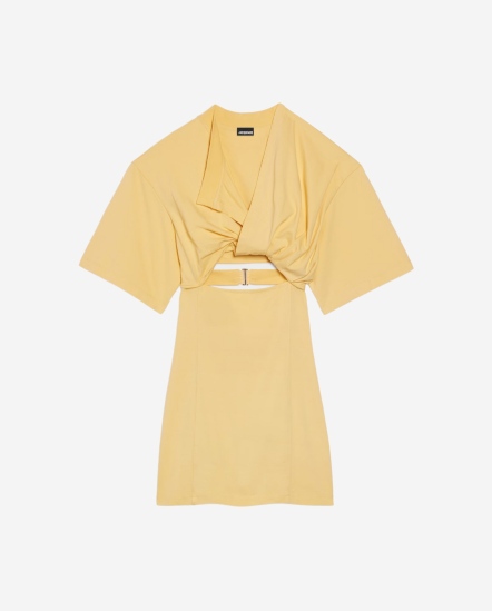 扭結開襟領鏤空身短洋裝/蛋黃色