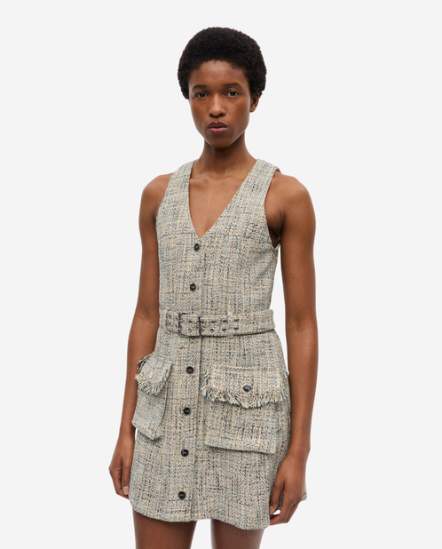 混色紋毛呢無袖洋裝