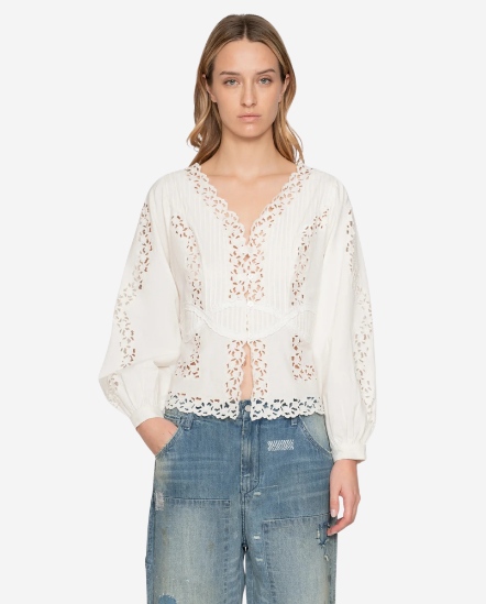 褶襉V領蕾絲泡泡袖上衣