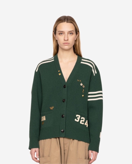 多條拼接針織外套/深綠色