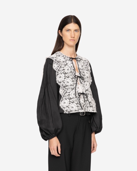 方形白蕾絲綁結長袖衣/黑色