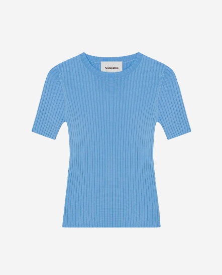直條短袖線衫/粉藍 