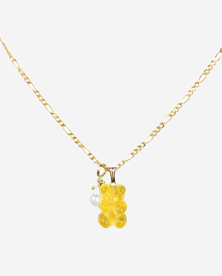 Chain & Gummy小熊單顆珍珠項鍊/黃色
