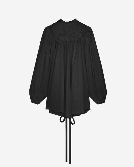 皺褶胸領澎袖上衣/黑色