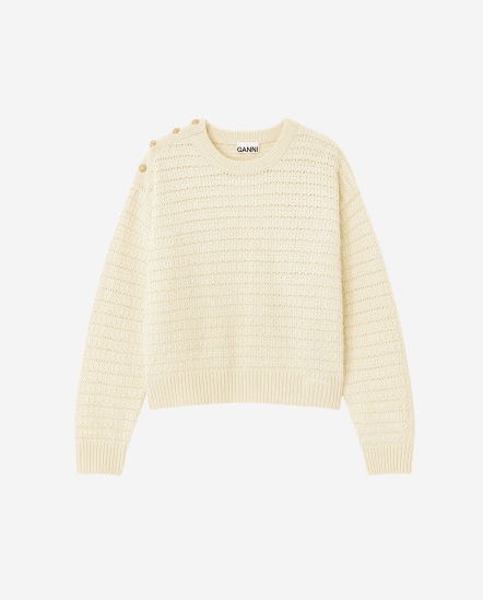 肩金扣橫條針織衣/奶油色