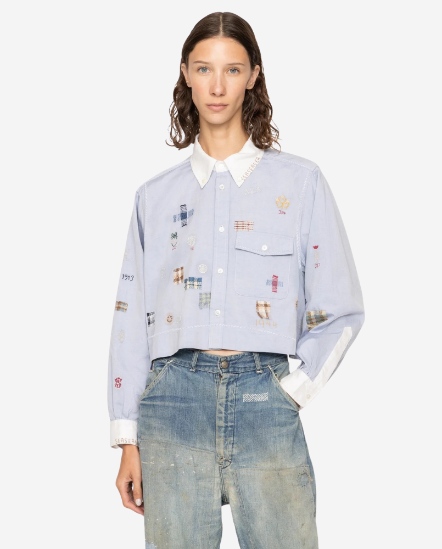 Claira撞色領袖口刺繡長袖襯衫