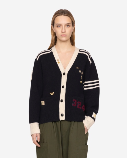 多條拼接針織外套/深藍色