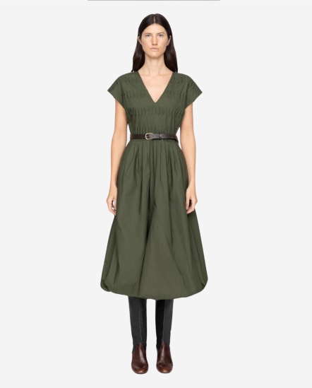 褶飾泡泡長版洋裝