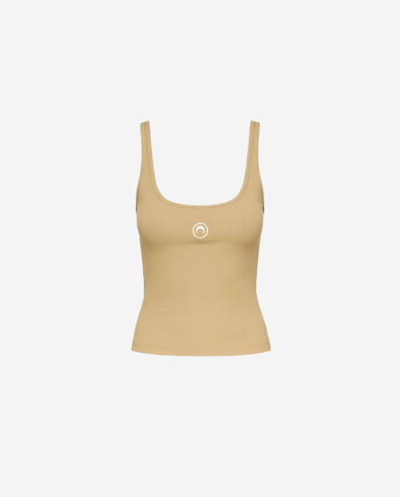 撞色刺繡月亮細肩帶背心/卡其