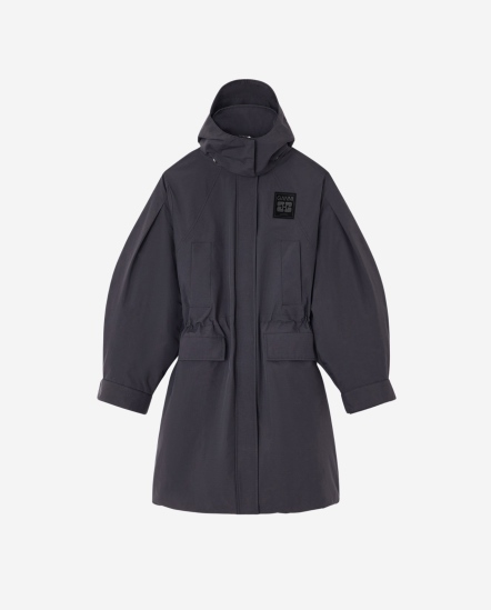 蝴蝶徽標抽繩尼龍長版外套/黑色