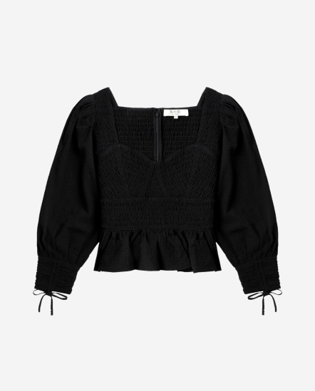 桃心領縮褶長袖上衣