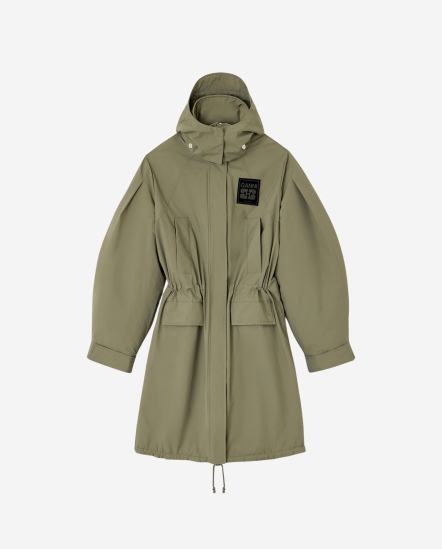 蝴蝶徽標抽繩尼龍長版外套/軍綠
