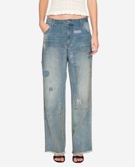 Claira刷色補丁牛仔直筒褲