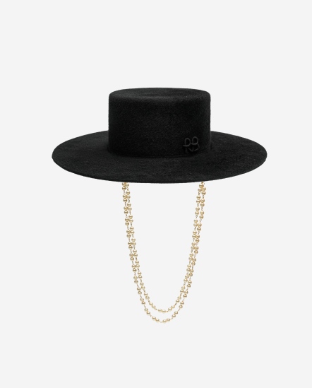 RB字珍珠串鍊毛氈平頂紳士帽/黑色