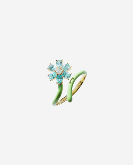 Enamel Flower-撞色花朵鑽流線戒/水藍