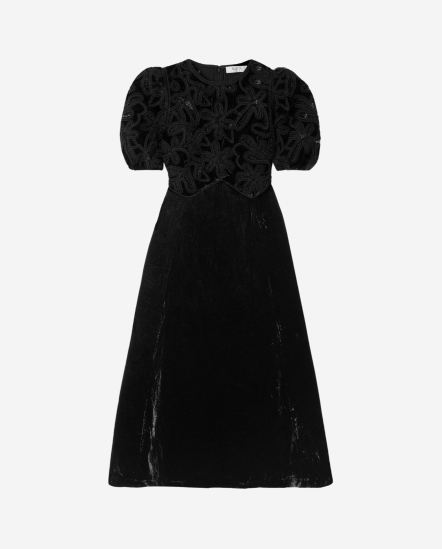 刺繡蕾絲天鵝絨腰身洋裝