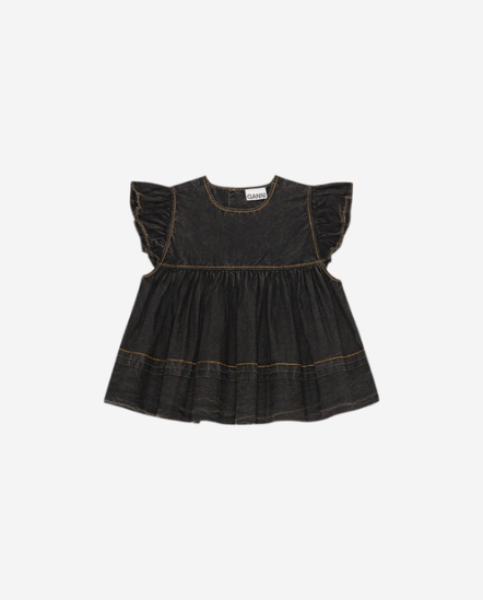 水洗荷葉飛袖衣/黑色