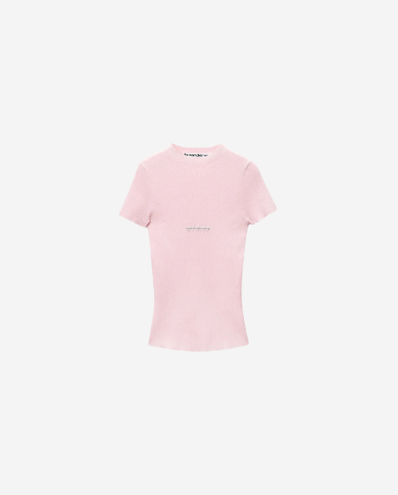 方徽標Logo螺紋短袖T/嬰兒粉