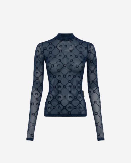 微立領菱格紋月亮透膚衣/深藍色