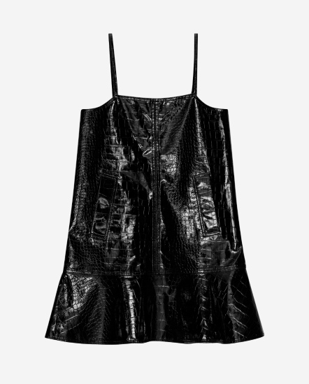 荷葉裙襬壓紋皮革吊帶洋裝