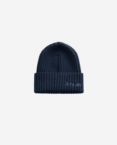 配色繡線字毛帽 100% wool/深藍色