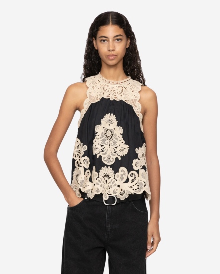 撞色蕾絲削肩上衣