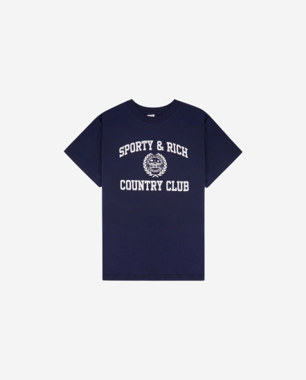 Varsity Crest-白字稻穗徽標合身短袖T/深藍色