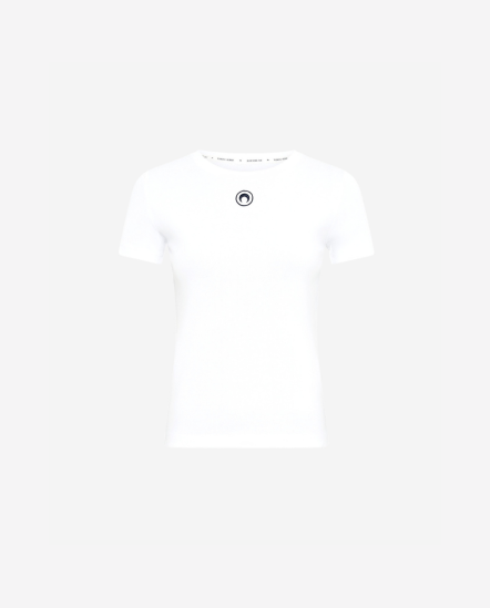 前胸撞色月亮刺繡短袖T/腰身