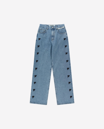 雙排黑愛心印花牛仔褲