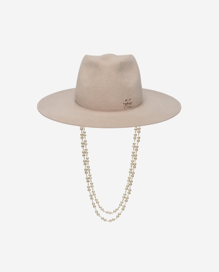 RB字珍珠串鍊毛氈凹頂紳士帽/粉膚