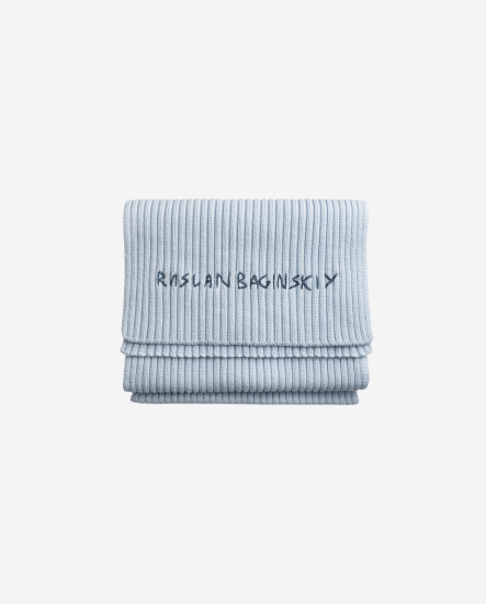 配色刺繡字羊毛圍巾/粉藍