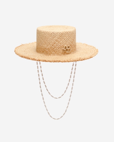 珍珠雙繩鬚邊編織平頂草帽