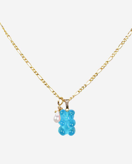 Chain & Gummy小熊單顆珍珠項鍊/藍色