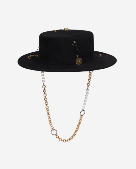 RB吊飾珍珠金鍊帽繩毛氈平頂帽