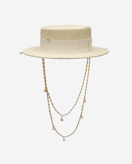 珠飾雙金鍊織紋平頂帽