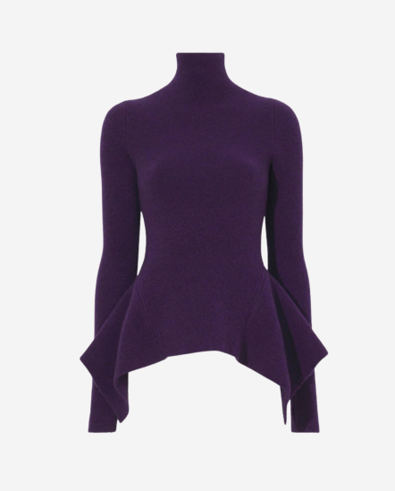 高領荷葉襬露指針織衣/深紫