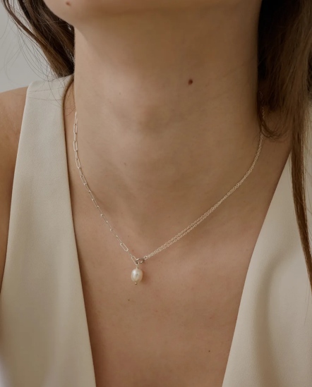 Half Chain-雙拼鏈條珍珠吊墜項鍊/銀色